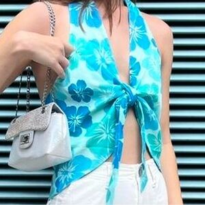 Zara Blue Floral Tie-Front Tank Top